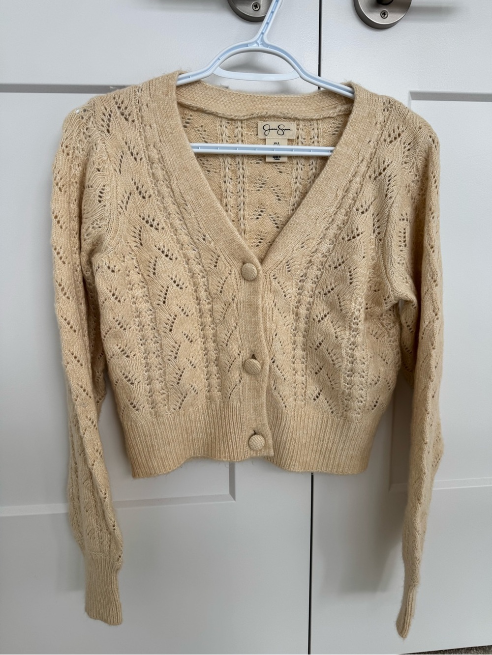 Jessica Simpson Beige Crochet-Knit Button Cardigan